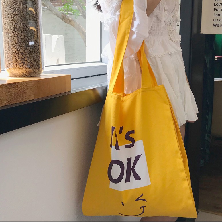 NEW! It's ok tote bag กระเป๋าผ้าสีเหลือง ลายเกาหลีสุดน่ารัก