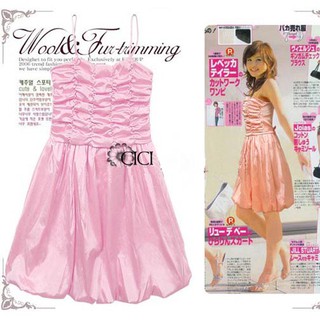 CLEARANCE! ชุดเดรสราตรี ผ้าซาติน ริบบิ้นผูกหลัง ชายบอลลูน สีชมพู dress d339