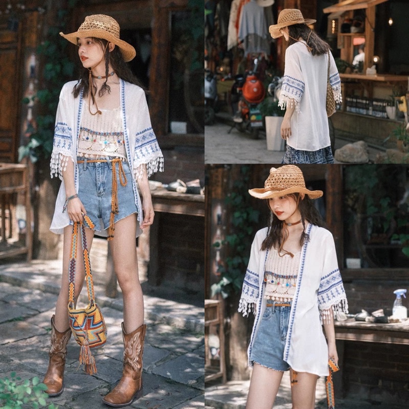 [พร้อมส่ง] เสื้อปักลูกไม้  เสื้อคลุมโบฮีเมียน