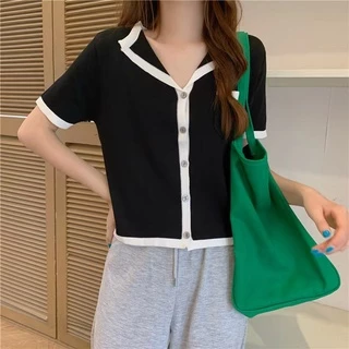 Cicishop(7939)เสื้อไหมพรมแขนสั้น กระดุมน่ารักสีพาสเทลน่ารัก