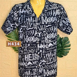 เสื้อเชิ้ตฮาวาย รหัส H434 ลายตัวอักษร Hello ขาว พื้นดำ