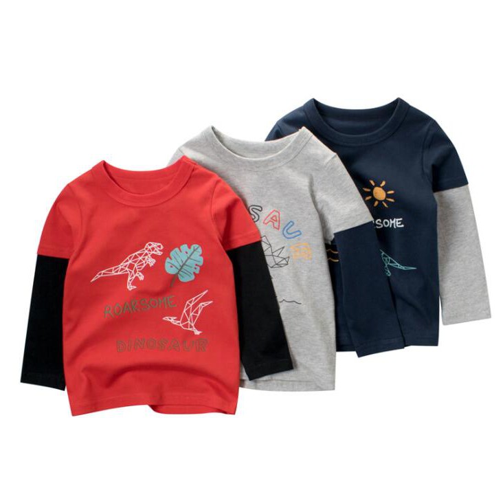 เสื้อยืดแขนยาวสำหรับเด็กหญิงอายุ 1-10 ปี แบบการ์ตูนไดโนเสาร์ทำจากผ้าฝ้ายแท้