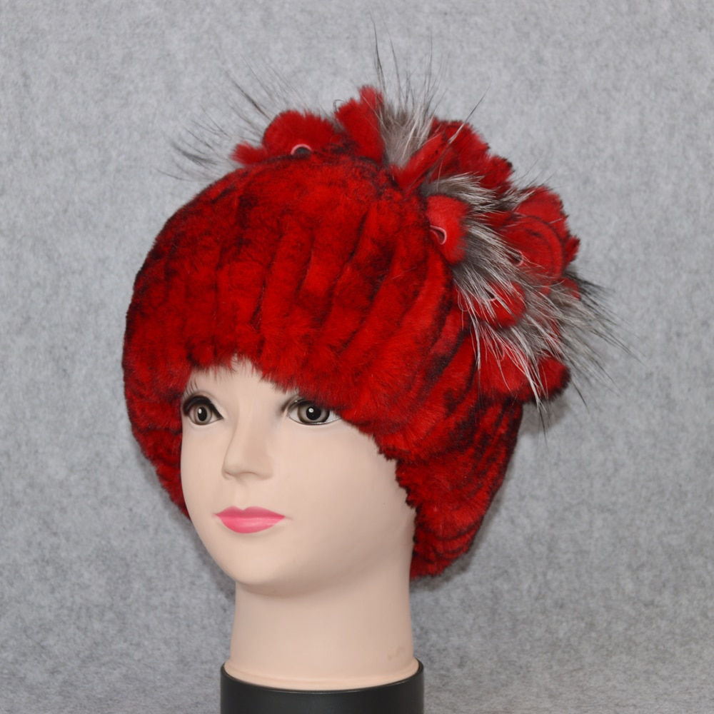 2020 Natural Rex Rabbit Fur Flowers Hat Women Winter Warm Handmade Knit ...
