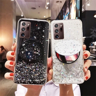 เคสมือถือ ซิลิโคน TPU สีใส กลิตเตอร์ With Round Mirror Bracket Casing Samsung Galaxy S21 Ultra S20 S10 S9 S8 Plus Note 20 10 9 8