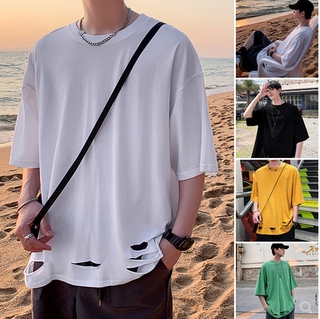 4 สี【 M-5XL 】แฟชั่นบุคลิกภาพรูแขนสั้นเสื้อยืดผู้ชายนักเรียนสั้นเสื้อยืดฤดูร้อนสไตล์ใหม่ Oversize