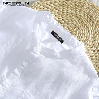 [Perfectly] INCERUN เสื้อกันหนาวผู้ชาย SLIM FIT Henley เสื้อลินินยาว V คอปุ่มเสื้อฤดูร้อน Tee เสื้อ jPxr
