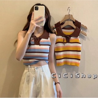 Cicishop(Y046/86032)เสื้อแขนกุดลายทาง คอปก แต่งสายผูกโบว์ สีพาสเทลสลับ น่ารักมินิมอลมากก