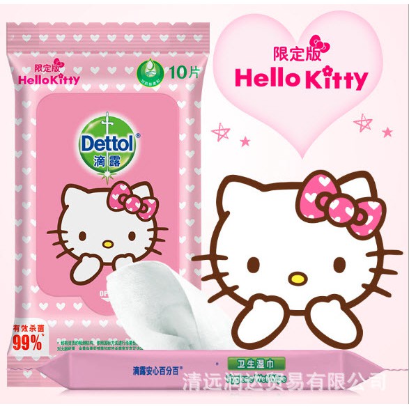 [เหลือ0฿ใช้โค๊ดMVC796] dettol Hello kitty แอนตี้แบคทีเรีย ทิชชู่เปียกเดทตอลคิตตี้น้อยน่ารัก 1 ซอง มี 10 แผ่น