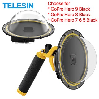 Telesin เคสโดมพอร์ต กันน้ํา พร้อมมือจับลอยน้ํา สีดํา สําหรับ GoPro HERO 11 10 9 8 7 6 5