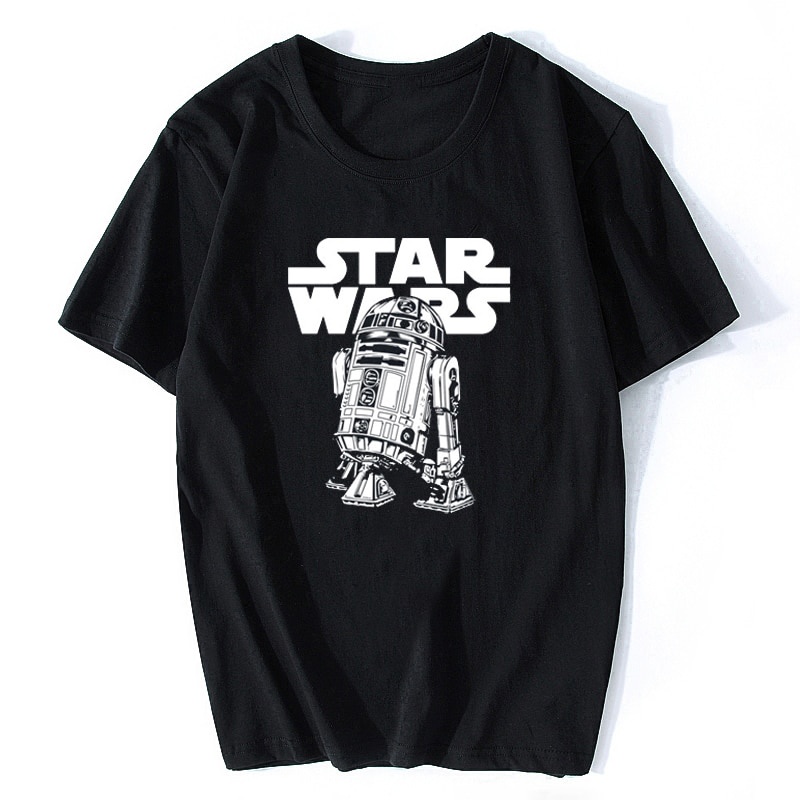 เสื้อยืดสีดำอินเทรนด์เสื้อยืดลําลอง ผ้าฝ้าย แขนสั้น พิมพ์ลายการ์ตูน Star Wars Robot แฟชั่นฤดู 0328