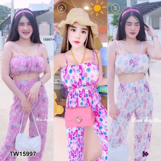 🌸🏝ชุดเที่ยว ไปทะเล set 2 ชิ้น เสื้อสายเดี่ยวอัดพลีท อกเสริมฟองน้ำ + กางเกงขายาวอัดพลีท