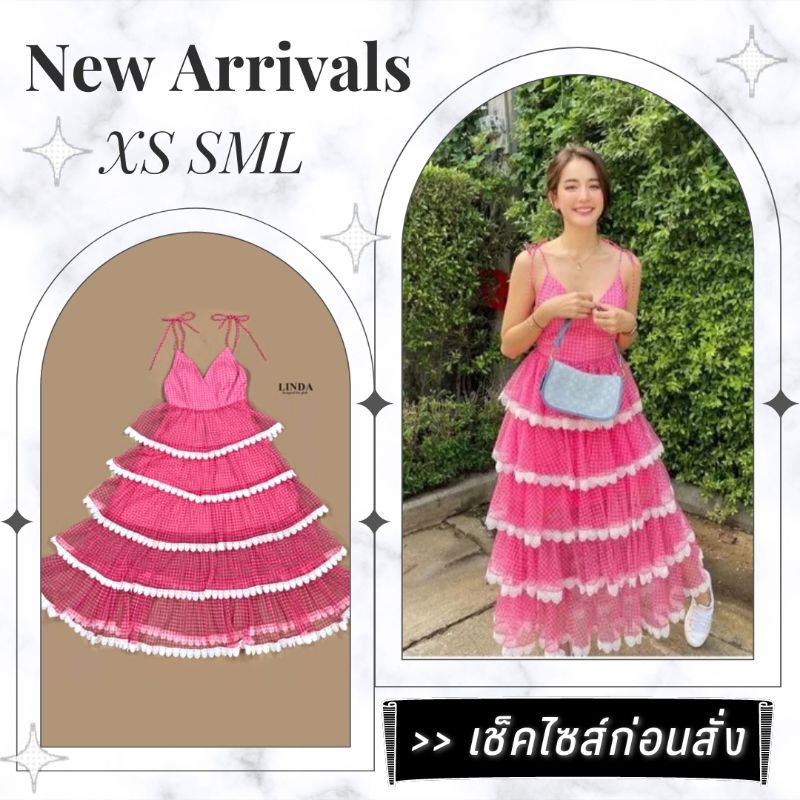 💌จัดส่งฟรี💌ชุดเดรสยาว แต่งระบาย SML แบรนด์ LINDA เดรสสายเดี่ยวสีชมพู ลายตาราง แบบผูกปรับได้ Dress