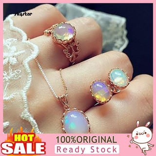 SKY Elegant Women Engagement Wedding Oval Faux Opal Necklace Ring Stud Earrings Set