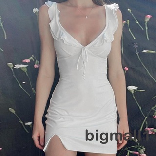 Bigmall- ชุดมินิเดรส แขนกุด คอวีลึก สีพื้น ทรงสลิมฟิต แฟชั่นฤดูร้อน สําหรับผู้หญิง ปาร์ตี้