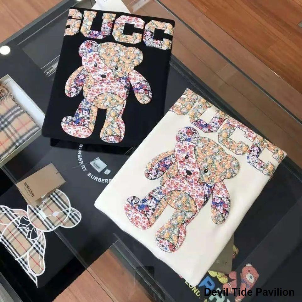 Gucci GG เสื้อยืดแขนสั้นลายดอกไม้การ์ตูนหมีผ้าฝ้ายหลวมเสื้อคู่ oversize bottoming