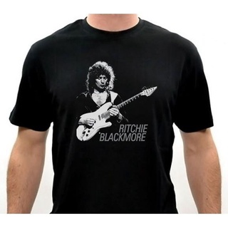 เสื้อยืดคอกลม เสื้อยืดผ้าฝ้าย 100% พิมพ์ลาย Ritchie Blackmore สีดําแฟชั่นผู้ชายผ้าฝ้ายแท้