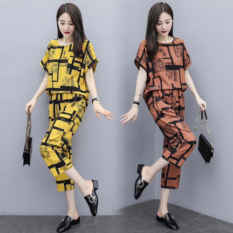 ผู้หญิงสไตล์เกาหลี ชุด 2 ชิ้นเสื้อ+กางเกง พิมพ์ลายตาราง