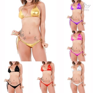 【FUNWD】Womens Sexy Thong G-string Mini Bikini Swimwear Side Tie Underwear Bra Set Shiny