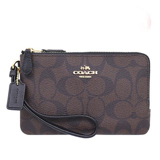 COACH กระเป๋าคล้องมือ DOUBLE CORNER ZIP WALLET IN SIGNATURE COATED CANVAS F87591 IMAA8 (Brown/Black)