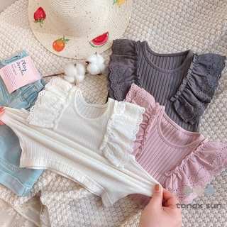 [Babycat] พร้อมส่ง ขายดี เสื้อยืดแขนกุด ผ้าฝ้ายบริสุทธิ์ แต่งลูกไม้ เข้ากับทุกการแต่งกาย สไตล์เกาหลี ญี่ปุ่น แฟชั่นฤดูร้อน สําหรับเด็กผู้หญิง