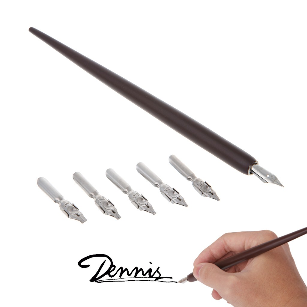 ปากกาคอแร้งด้ามไม้ พร้อมหัวปากกา + ไส้ปากกา 5ชิ้น