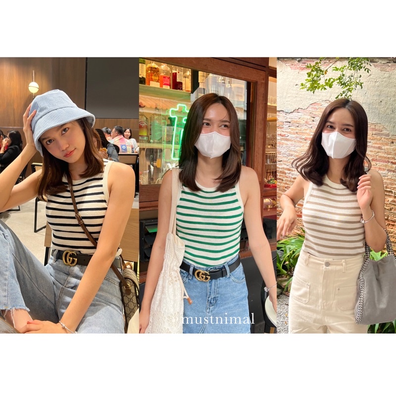 (สีเขียว+ดำพร้อมส่ง) MUSTNIMAL | Honey stripped เสื้อแขนกุดลายทาง TP002