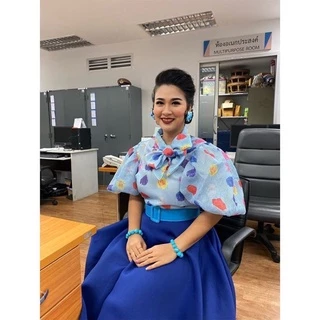 ชุดเซตเสื้อแขนพองคอผูก ชุดย้อนยุค ชุดทองกวาว (ครบเซต)