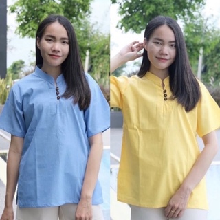 เสื้อผ้าฝ้ายคอจีนแขนสั้นสีพาสเทล
