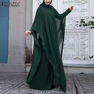 ZANZEA Women Solid Two-Piece Bat Sleeve Vintage MuslimMaxi Dress