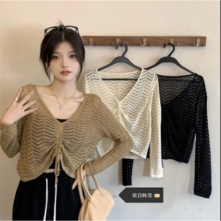 Ey_shop688#พร้อมส่ง✨Z8607#เสื้อถักไหมพรมแขนยาวคอวี #เสื้อผ้าไหมพรมด้านหน้าเชือกปรับได้💕