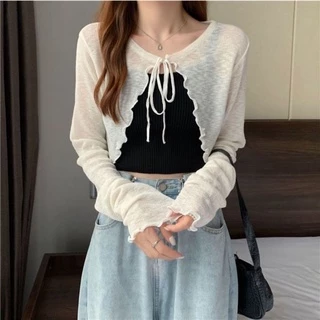 Elves✨พร้อมส่ง✨เสื้อคลุมไหมพรมซีทรู ดีเทลเชือกด้านหน้าปลายหยักดูดีมาก ~ Q605 ~ -C