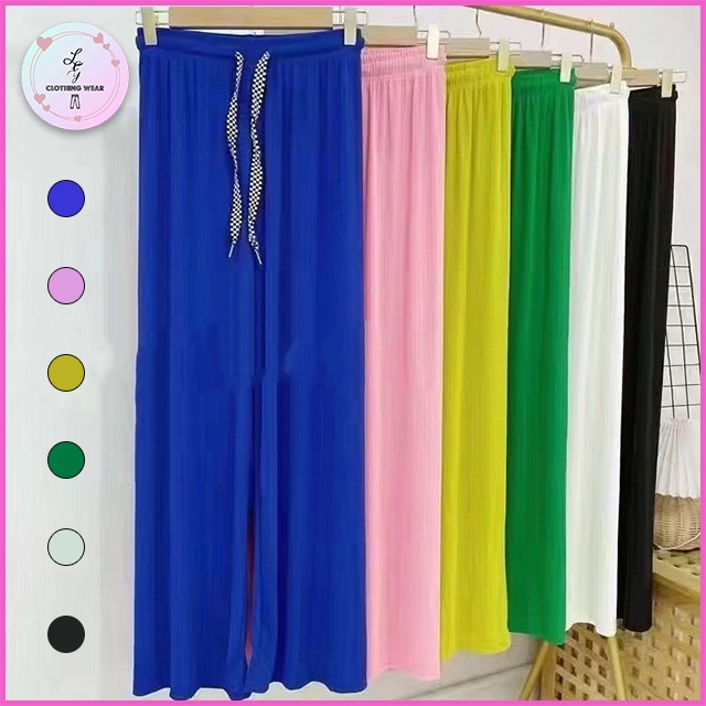 ** พร้อมส่ง ** กางเกงขายาวสีพื้น ผ้าร่อง เอวยางยืด นุ่มใส่สบาย เชือกตารางขาวดำ