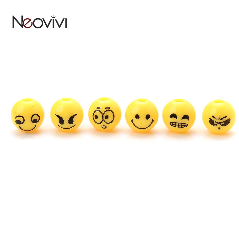 50pcs 10mm Expression ลูกปัดอะคริลิคสีเหลืองยิ้มรอบ Spacer ลูกปัดสำหรับเครื่องประดับทำสร้อยข้อมือ DIY อุปกรณ์เสริม