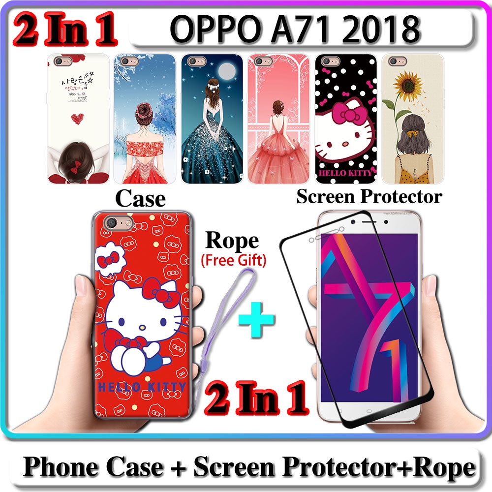 2 IN 1 เคส OPPO A71 2018 เคส พร้อมกระจกนิรภัย โค้ง เซรามิค ป้องกันหน้าจอ สําหรับเด็กผู้หญิง และคิตตี