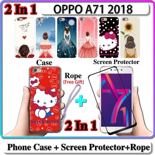 2 IN 1 เคส OPPO A71 2018 เคส พร้อมกระจกนิรภัย โค้ง เซรามิค ป้องกันหน้าจอ สําหรับเด็กผู้หญิง และคิตตี้