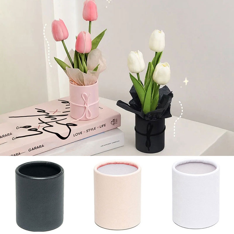 กล่องดอกไม้ขนาดเล็กที่เรียบง่ายทิวลิปกอดถังกล่องกลมสีชมพูวัสดุบรรจุภัณฑ์ ทําเอง กล่องของขวัญวันหยุด