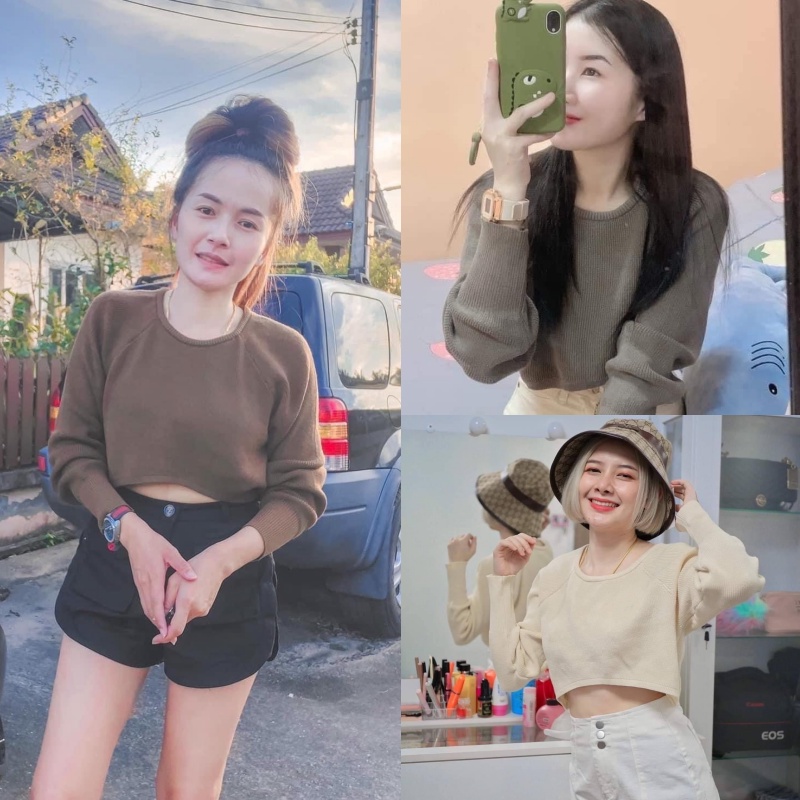 SpinnyHouse ครอปแขนยาว งานตามหา ครอปเอวลอยแขนยาว สีพื้นเรียบ เนื้อผ้านุ่ม ผ้ายืดตามตัว ไก่ย่าง B401B