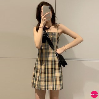 🎀Korean Fashion🎀มินิเดรสลายสก็อตโทนสีแอปริคอท สายเดี่ยว