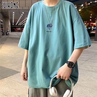 Suikone เสื้อยืดแขนสั้นผู้ชายหลวมสบาย ๆ สไตล์เรียบง่ายทั้งหมด