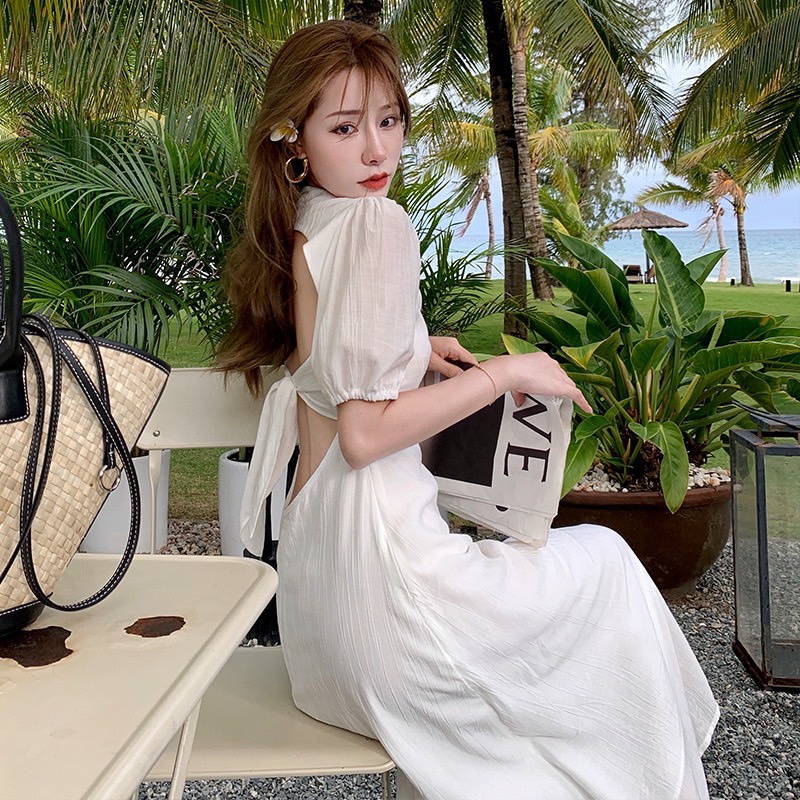 AC1239 แม๊กซี่เดรสแฟชั่นสีขาว คอวี โชว์หลังผูกโบว์ พริ้ว ใส่ไปทะเล ใส่ชิวๆ สวยจ้า
