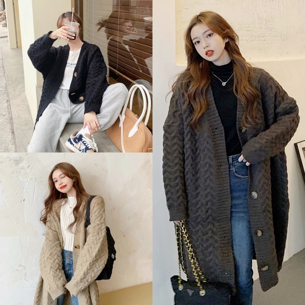 ราคาถูกที่สุด เสื้อคาร์ดิแกนไหมพรมถักลอนหนา ทรงตัวยาว 3 สี คอวีกระดุมหน้า