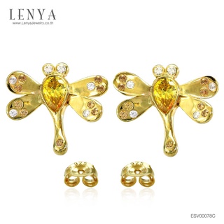 Lenya Jewelry ต่างหูรูปแมงปอประดับ SWAROVSKI ZIRCONIA สีเหลืองทอง สีเหลืองอำพัน และสีแชมเปญ ตัวเรือนเงินแท้ชุบทองคำแท้