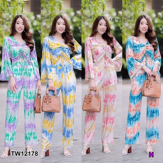 J12178 Set 2 ชิ้น เสื้อแขนยาว รูดอก มัดย้อม + กางเกงมัดย้อมขายาว