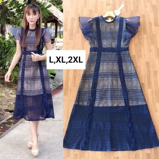 สวยขับผิว!!! L-2XL Dress เดรสสีกรมผ้าชีฟองปักลูกไม้แขนระบาย งานป้าย Love Love