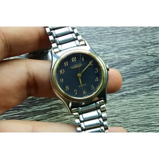 นาฬิกา Vintage มือสองญี่ปุ่น AUREOLE ระบบ Quartz UNISEX ทรงกลม กรอบเงิน หน้าดำ หน้าปัด 33mm