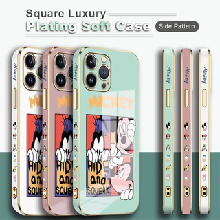  สําหรับ Samsung Galaxy Note 20 10 Plus Lite Ultra 5G เคสโทรศัพท์รูปแบบด้านข้างพิมพ์การ์ตูนน่ารัก(มิกกี้เมาส์มิกกี้และมินนี่)สแควร์ชุบเคสแบบหรูหรากรอบชุบซิลิโคนนิ่มปลอกเลนส์ป้องกันกันตกเคสมือถือ