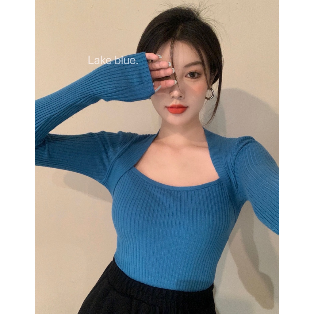 Xiaozhaniv เสื้อแขนยาว คอสี่เหลี่ยม ผ้าถัก สไตล์เกาหลี สําหรับผู้หญิง