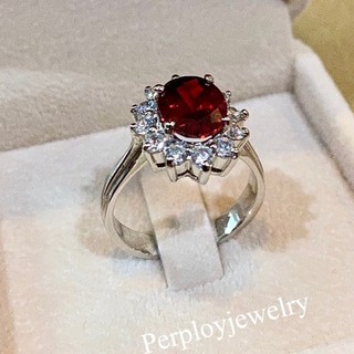 PerployJewelry แหวนเงินแท้ชุบทองคำขาวฝังโกเมน(Garnet)