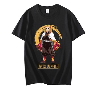 คอลูกเรือ【เสื้อยืดบูติก】เสื้อยืดแขนสั้น พิมพ์ลายอนิเมะ Demon Slayer Rengoku Kyoujurou สไตล์ญี่ปุ่น ฮาราจูกุ สตรีท พลัสไซ