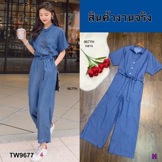 ME9677 Jumpsuit จัเมสูทยีนส์เทียมขายาวฟอกสี ติดกระดุมอก เอวยืดสม็อคหลังข้างเอว มีสายผูกเอวเป็นโบว์(แยกชิ้น)  มีกระเป๋าล้